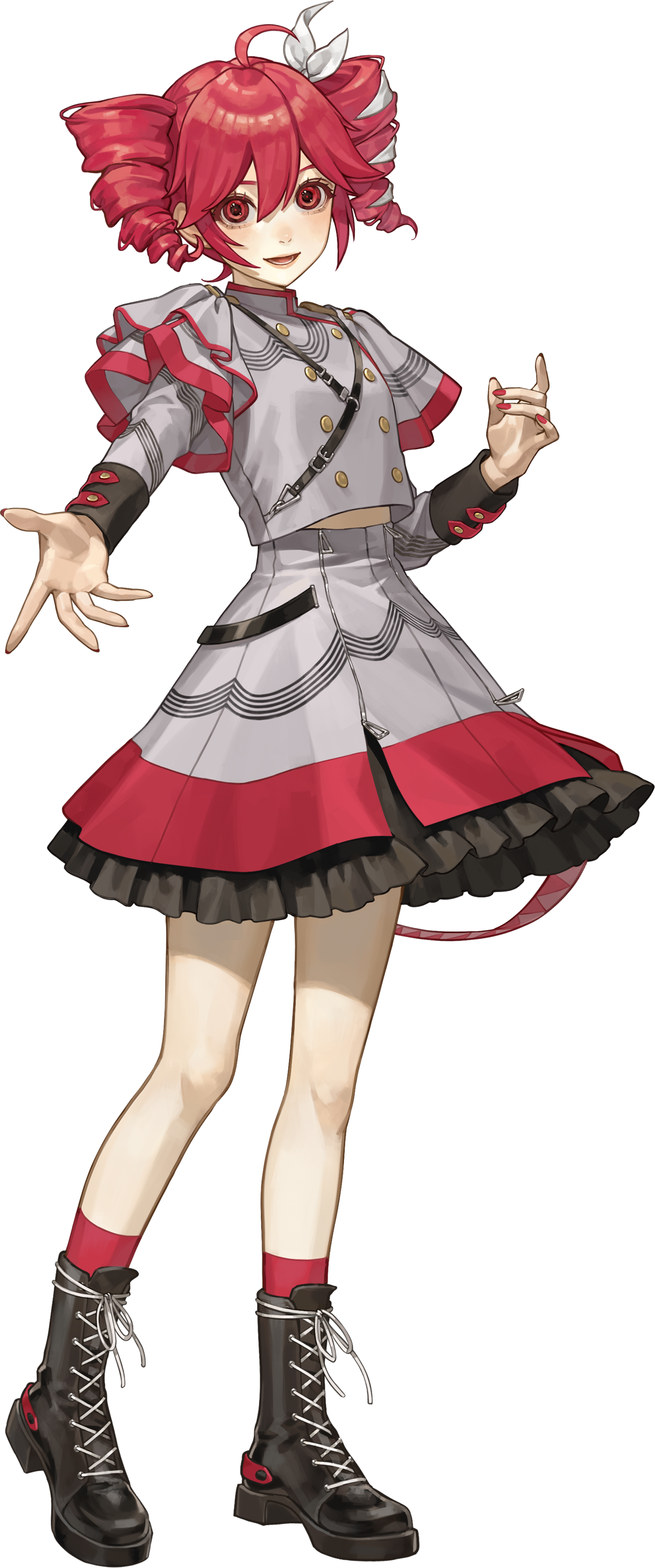 sakauchi waka, kasane teto, kasane teto (sv), synthesizer v, utau, absurdres, highres, official art, second-party source, 1girl, ahoge, belt, black boots, boots, buttons, double-breasted, drill hair, frilled skirt, frills, full body, grey jacket, grey skirt, hair ribbon, jacket, lace-up boots, layered skirt, lips, midriff, military uniform, miniskirt, parted lips, reaching, reaching towards viewer, red eyes, red hair, red nails, red socks, ribbon, short hair, shoulder belt, shoulder boards, skirt, smile, socks, solo, striped clothes, striped jacket, striped skirt, tachi-e, transparent background, twin drills, white ribbon, wrist cuffs