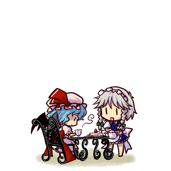 socha, izayoi sakuya, remilia scarlet, touhou, 2girls, cake, cake slice, chair, chibi, cup, female focus, food, fruit, multiple girls, open mouth, pastry, simple background, sitting, standing, steam, strawberry, strawberry shortcake, table, tea, teacup, teapot, white background, | |
