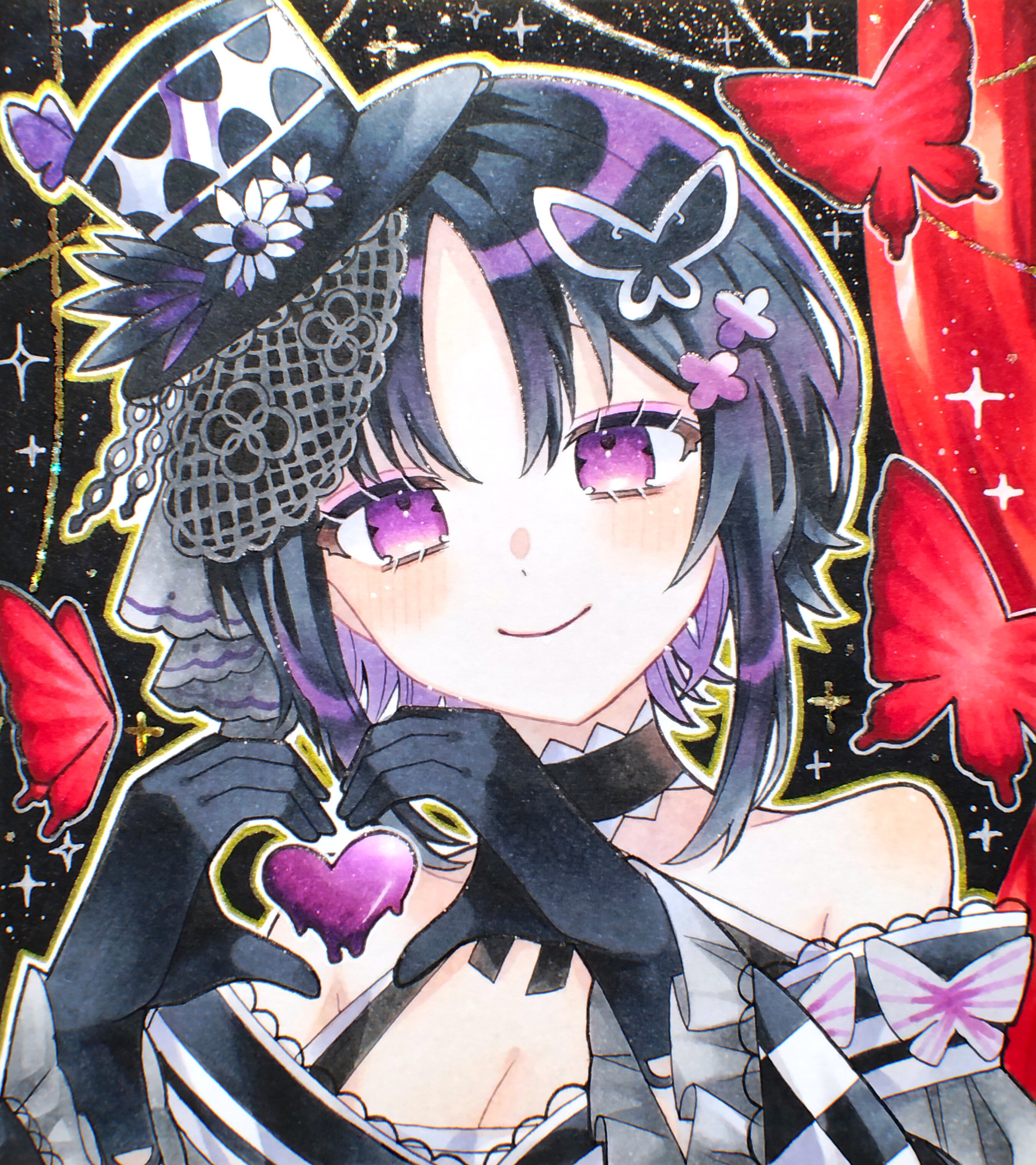 housho margo, mahou shoujo no majo saiban, absurdres, highres, traditional media, 1girl, akatsuki nea, bare shoulders, black background, black choker, black gloves, black hair, black hat, breasts, bug, butterfly, butterfly hair ornament, choker, cleavage, closed mouth, frilled choker, frilled sleeves, frills, gloves, hair ornament, hands up, hat, heart, heart hands, heart in heart hands, insect, japanese clothes, lolita fashion, long sleeves, looking at viewer, outline, parted bangs, purple butterfly, purple eyes, red butterfly, short hair, smile, solo, sparkle, top hat, upper body, wa lolita, white outline
