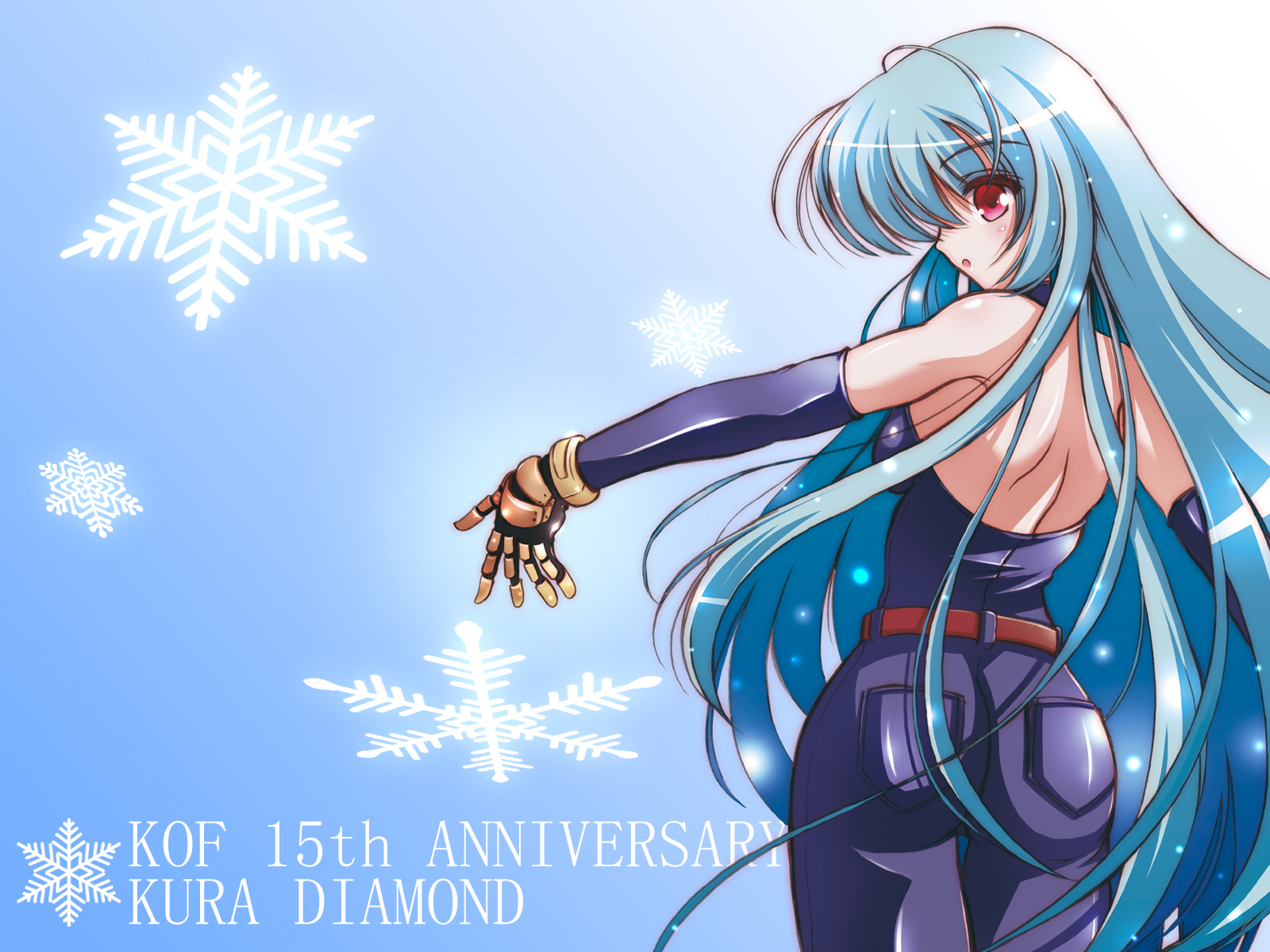 c.r., kula diamond, snk, the king of fighters, highres, 1girl, anniversary, ass, back, belt, blue hair, elbow gloves, female focus, gloves, long hair, looking back, pink eyes, purple jeans, snow, snowflakes, solo, very long hair