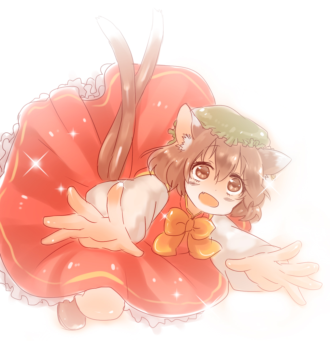 kisarashii, chen, touhou, 1girl, animal ears, brown eyes, brown hair, cat ears, cat girl, cat tail, earrings, fang, female focus, gradient background, hat, jewelry, multiple tails, short hair, solo, tail