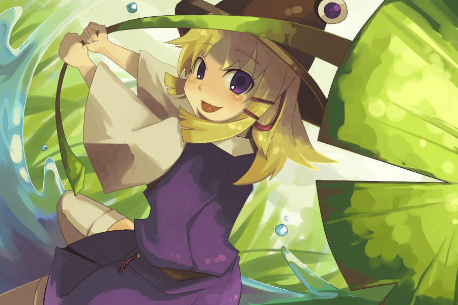 yasakae, moriya suwako, touhou, 1girl, :d, blonde hair, blush, extra eyes, female focus, hat, long sleeves, looking at viewer, open mouth, purple eyes, sidelocks, smile, solo, water
