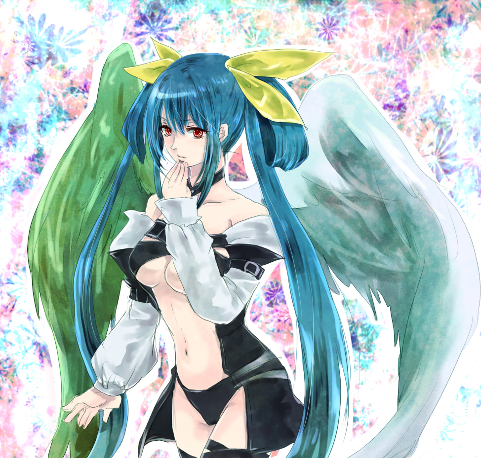 outlaw, unabara misumi, dizzy (guilty gear), arc system works, guilty gear, bad id, bad pixiv id, 1girl, asymmetrical wings, blue hair, bow, breasts, female focus, hair bow, large breasts, long hair, midriff, navel, red eyes, solo, tail, thighhighs, underboob, wings