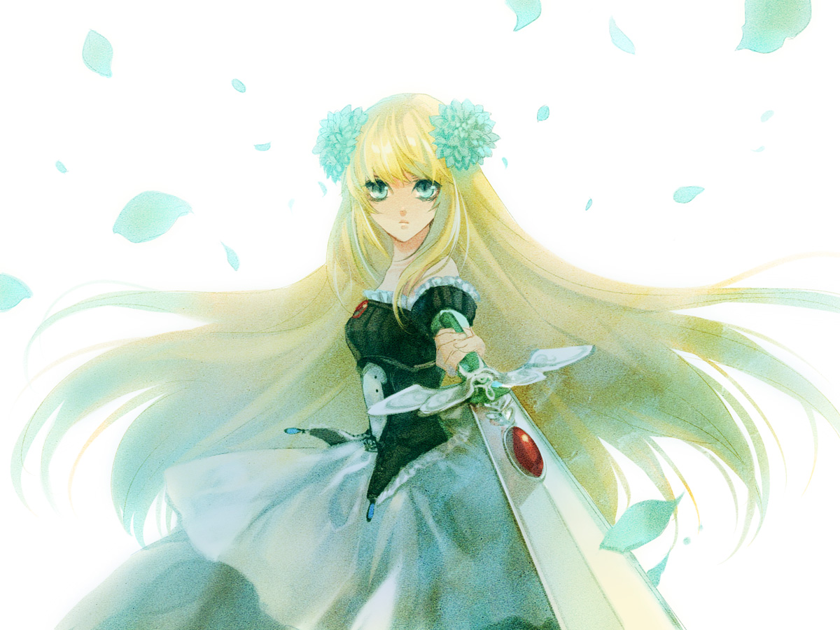 midorigawa, midorigawa akari, matin catorce, blind justice, zektbach, bad id, bad pixiv id, 1girl, aqua eyes, bare shoulders, blonde hair, dress, female focus, flower, hair ornament, long hair, petals, solo, sword, very long hair, weapon