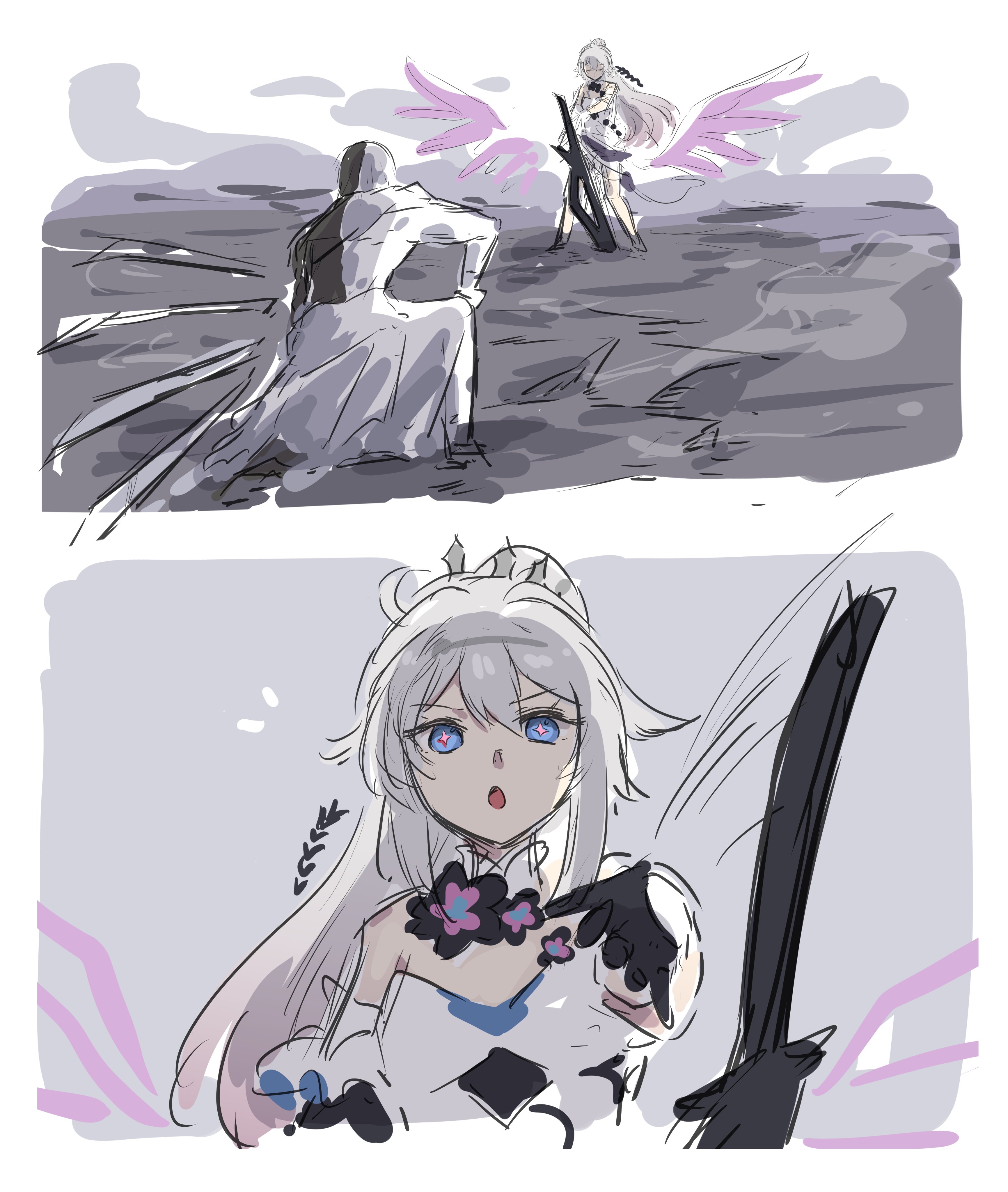 ooyun, kiana kaslana, kiana kaslana (herrscher of finality), zephyro, honkai: star rail, honkai (series), honkai impact 3rd, absurdres, highres, 1boy, 1girl, ahoge, blue eyes, colored skin, dress, flower, gloves, in-franchise crossover, multicolored skin, sketch, symbol-shaped pupils, tiara, two-tone skin, white hair, wings