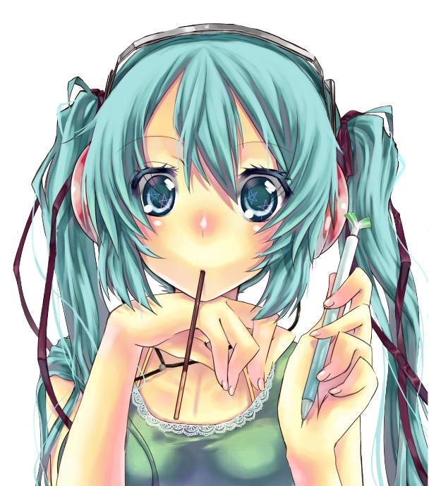 mikono myakura, hatsune miku, vocaloid, bad id, bad pixiv id, + +, 1girl, aqua hair, blue eyes, female focus, food, hair ribbon, headphones, long hair, mouth hold, pen, pocky, ribbon, solo, staring, themed object, twintails, upper body