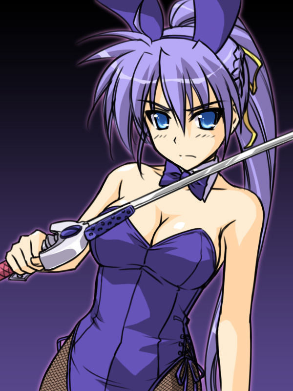 masakichi (crossroad), laevatein (nanoha), signum, lyrical nanoha, mahou shoujo lyrical nanoha, mahou shoujo lyrical nanoha strikers, 00s, 1girl, alternate color, alternate hair color, animal ears, blue eyes, blue hair, breasts, cleavage, fake animal ears, female focus, fishnet pantyhose, fishnets, large breasts, long hair, matching hair/eyes, pantyhose, playboy bunny, ponytail, rabbit ears, solo, sword, unison (nanoha), weapon