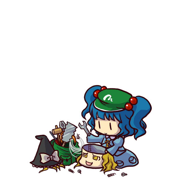 socha, kawashiro nitori, kirisame marisa, touhou, 2girls, :>, blonde hair, blue hair, chibi, female focus, hair bobbles, hair ornament, hat, japanese saw, key, multiple girls, saw, screw, screwdriver, simple background, spring (object), tools, two side up, witch hat, wrench, yellow eyes, yukkuri shiteitte ne, | |
