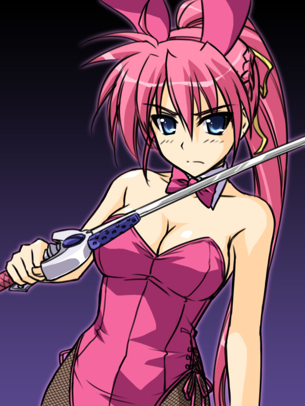 masakichi (crossroad), laevatein (nanoha), signum, lyrical nanoha, mahou shoujo lyrical nanoha, mahou shoujo lyrical nanoha a's, 00s, 1girl, animal ears, blue eyes, breasts, cleavage, fake animal ears, female focus, fishnet pantyhose, fishnets, large breasts, long hair, pantyhose, pink hair, playboy bunny, ponytail, rabbit ears, solo, sword, weapon