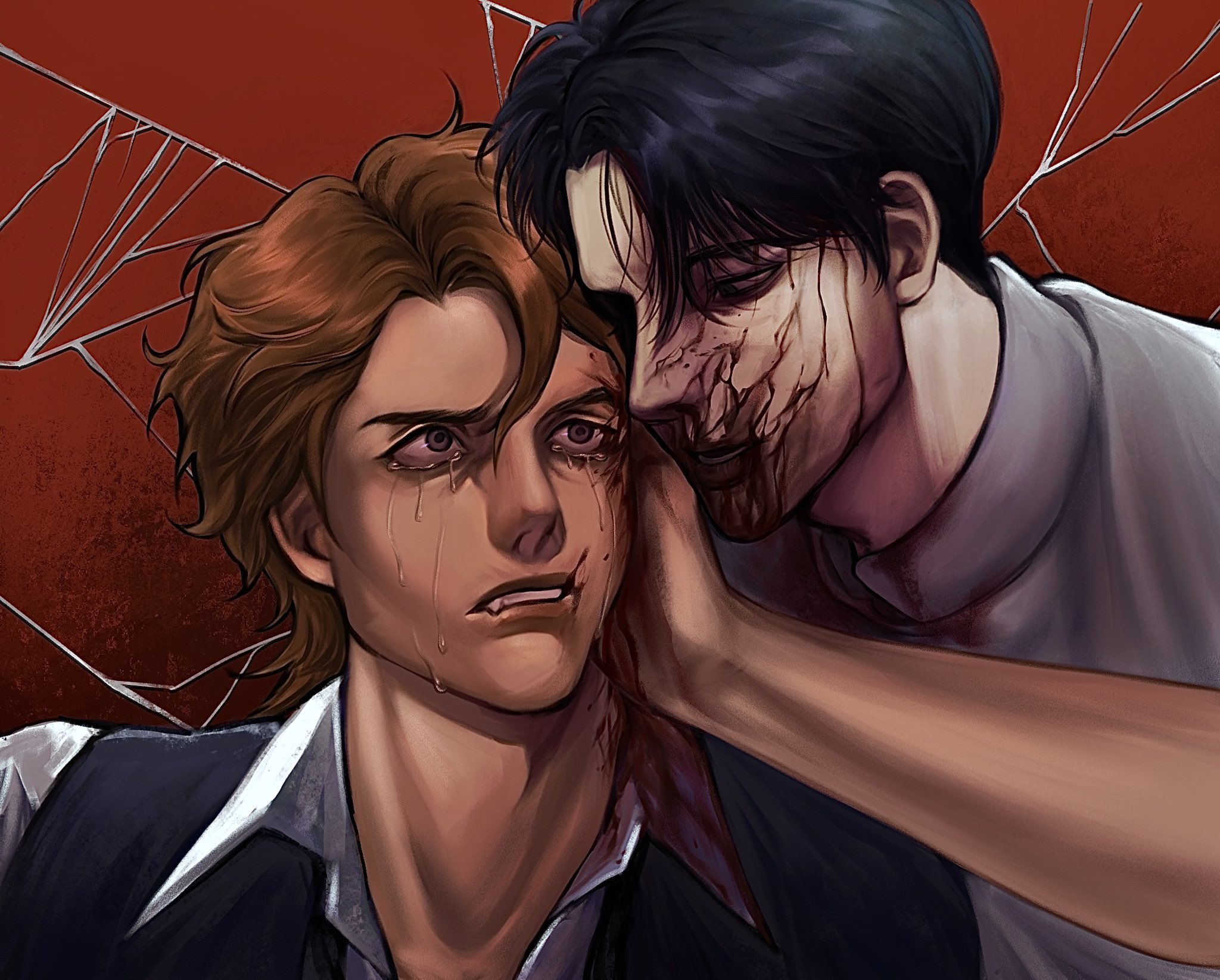 rody lamoree, vincent charbonneau, dead plate, commentary, hashtag-only commentary, highres, symbol-only commentary, 2boys, :d, black hair, black vest, blood, blood on clothes, blood on face, blood on hands, blood splatter, bloodshot eyes, brown hair, clenched teeth, collared shirt, crying, crying with eyes open, fangs, grin, hair between eyes, hand on another's face, inkynaru, leaning, male focus, multiple boys, open mouth, shirt, short hair, smile, tears, teeth, upper body, vest, white shirt