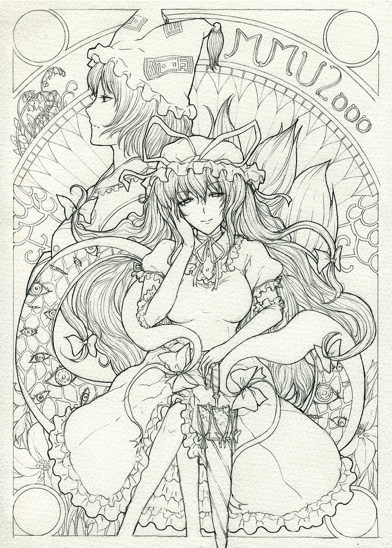 mishima hiroji, yakumo ran, yakumo yukari, touhou, 2girls, art nouveau, bow, closed umbrella, crossed legs, dress, elbow gloves, female focus, flower, frills, gloves, hair bow, hand on another's face, hand on own face, hat, long hair, monochrome, multiple girls, ofuda, parasol, ribbon, short hair, sitting, smile, umbrella, very long hair