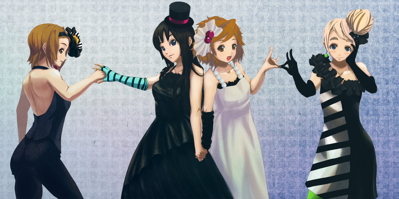 kotatsu sha, akiyama mio, hirasawa yui, kotobuki tsumugi, tainaka ritsu, don't say "lazy", k-on!, eyebrows, striped, 00s, 4girls, black hair, blonde hair, blue eyes, brown eyes, brown hair, dress, elbow gloves, fingerless gloves, gloves, hair bun, hairband, hat, ho-kago tea time, holding hands, long hair, mini hat, mini top hat, multiple girls, pantyhose, short hair, single hair bun, tomboy, top hat