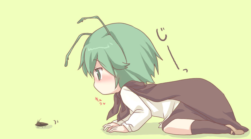 ayatamushi, sweets (artist), wriggle nightbug, touhou, bad id, bad pixiv id, 1girl, antennae, blush, bug, cape, crawling, female focus, green eyes, green hair, matching hair/eyes, short hair, solo