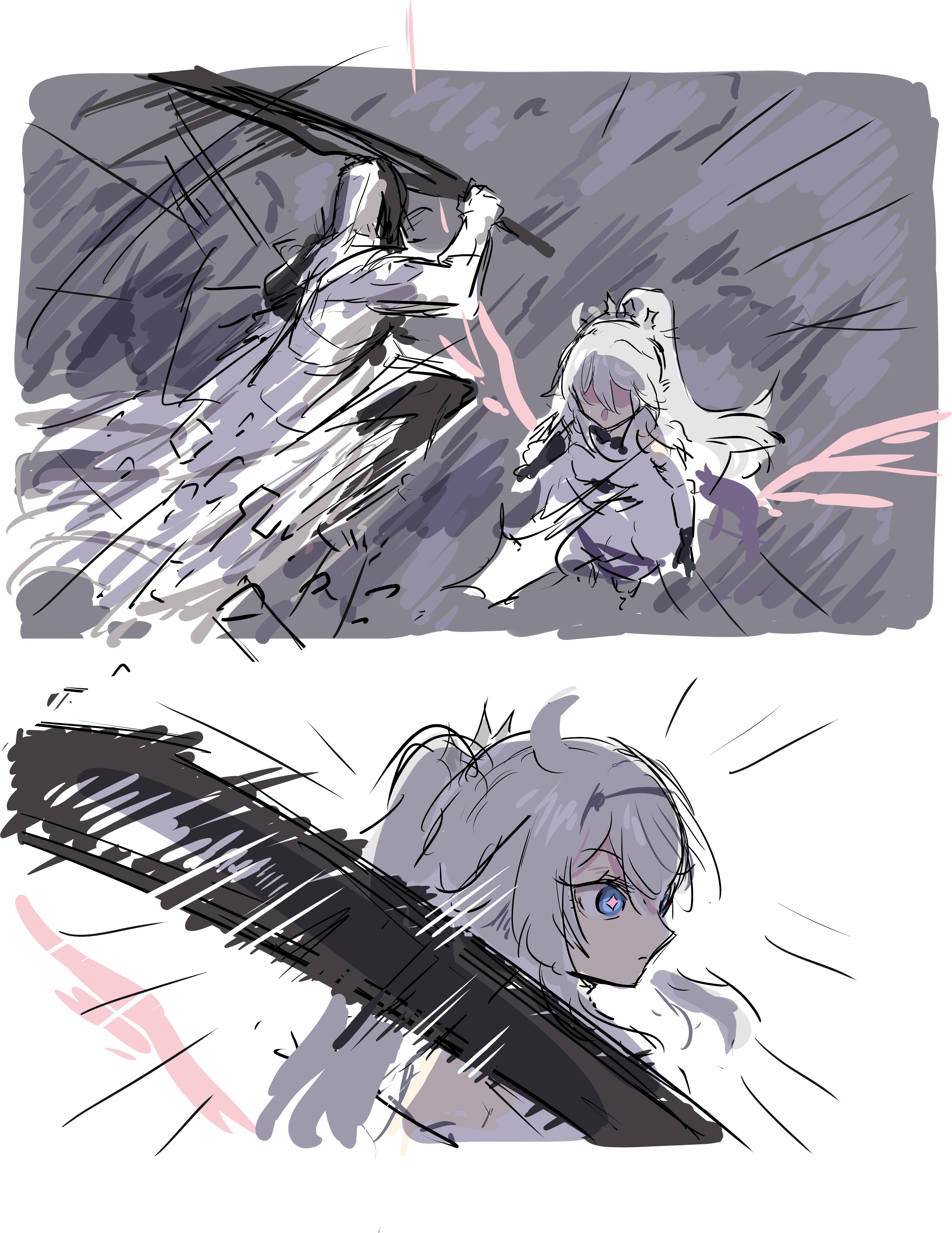 ooyun, kiana kaslana, kiana kaslana (herrscher of finality), zephyro, honkai: star rail, honkai (series), honkai impact 3rd, absurdres, highres, 1boy, ahoge, blue eyes, colored skin, fighting, in-franchise crossover, multicolored skin, ponytail, sketch, symbol-shaped pupils, tiara, two-tone skin, white hair