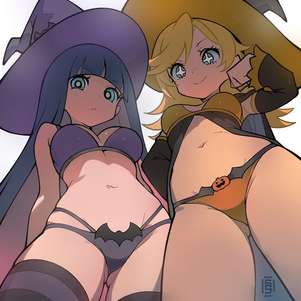 panty (psg), stocking (psg), panty & stocking with garterbelt, 2girls, arm up, armpits, bat wings, bikini, blonde hair, blue eyes, blue hair, blunt bangs, breasts, cleavage, from below, gluteal fold, halloween, hat, looking down, medium breasts, multiple girls, navel, patterned eyes, pumpkin, purple bikini, simple background, smile, sumishimi, swept bangs, swimsuit, thighhighs, upper body, white background, wings, witch hat