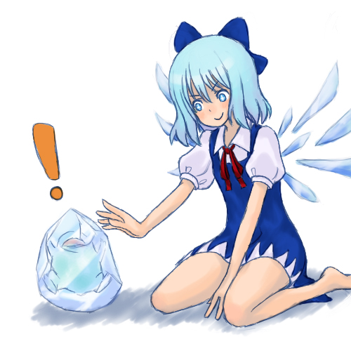 ayamal (mainichi ryokucha), cirno, embodiment of scarlet devil, touhou, lowres, !, + +, 1girl, barefoot, blue eyes, blue hair, dress, female focus, frog, ice, matching hair/eyes, short hair, solo, white background, wings