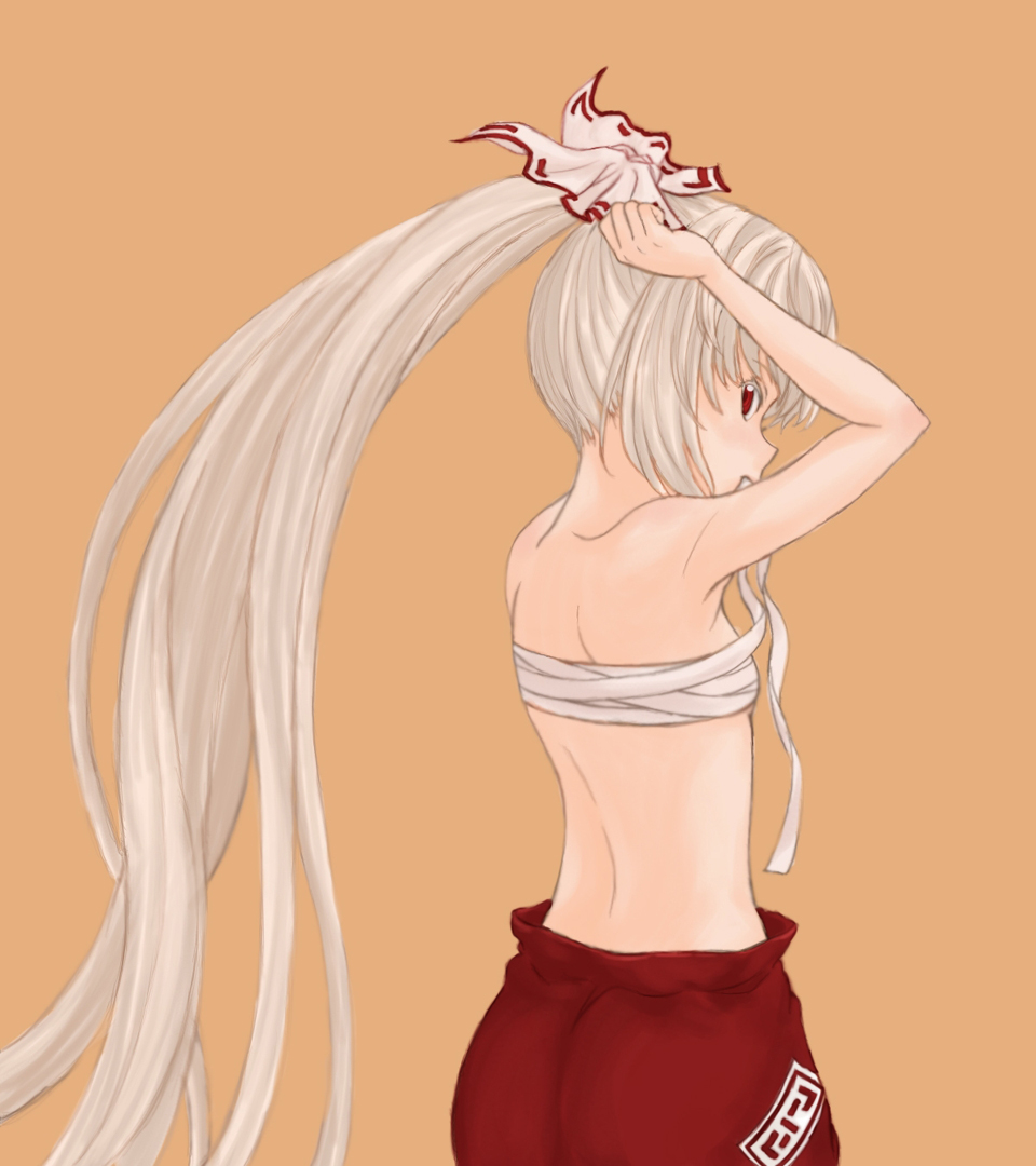 ayamal (mainichi ryokucha), fujiwara no mokou, touhou, silver hair, 1girl, adjusting hair, alternate hairstyle, arms up, back, female focus, long hair, looking back, mouth hold, no shirt, red eyes, sarashi, simple background, solo, standing