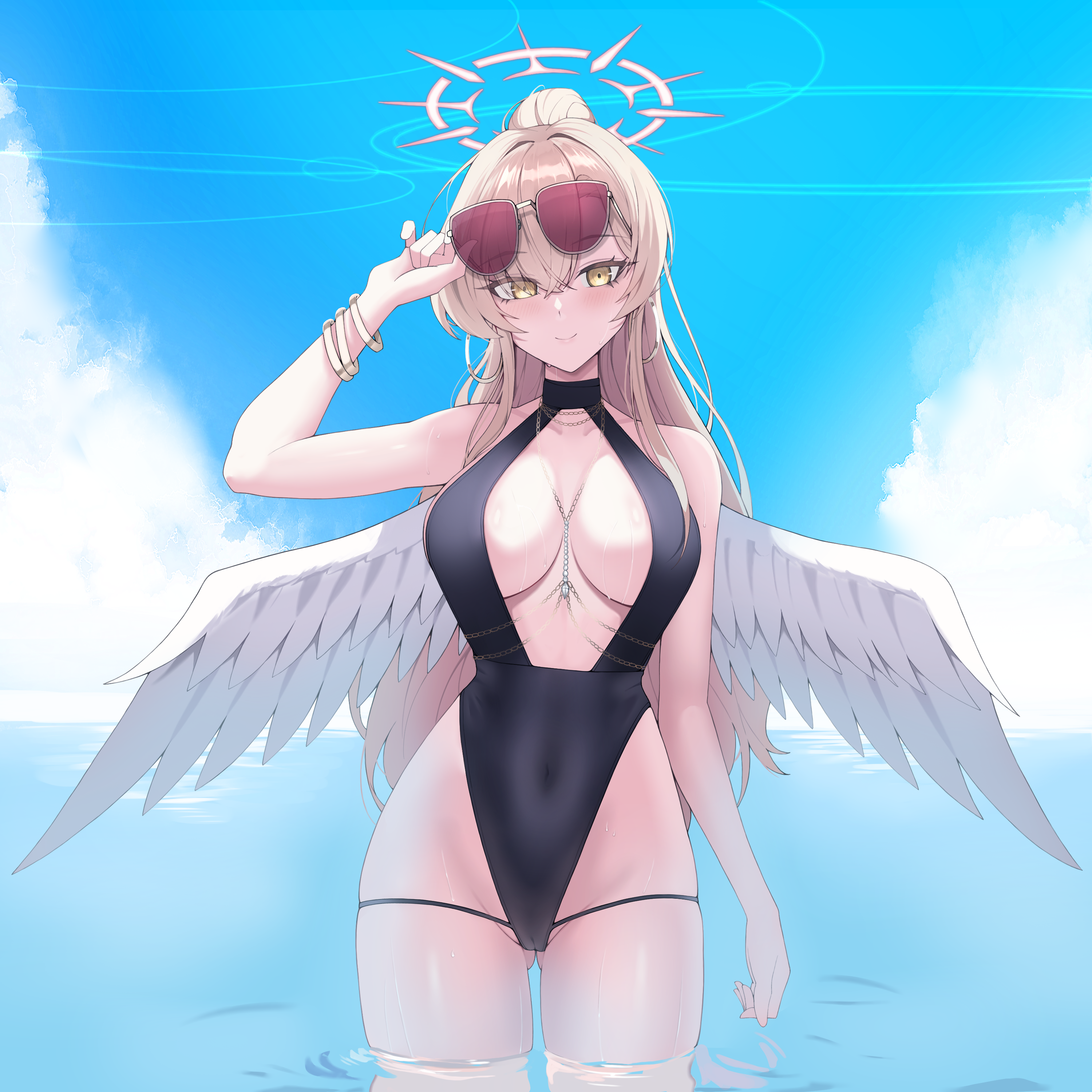 funky dea1er, nagisa (blue archive), nagisa (swimsuit) (blue archive), blue archive, absurdres, highres, 1girl, aviator sunglasses, black one-piece swimsuit, bracelet, breasts, brown-tinted eyewear, brown hair, covered navel, day, feathered wings, gluteal fold, gold bracelet, halo, jewelry, large breasts, long hair, looking at viewer, official alternate costume, official alternate hairstyle, one-piece swimsuit, outdoors, pink halo, smile, solo, standing, sunglasses, swimsuit, tinted eyewear, very long hair, wading, white wings, wings, yellow eyes