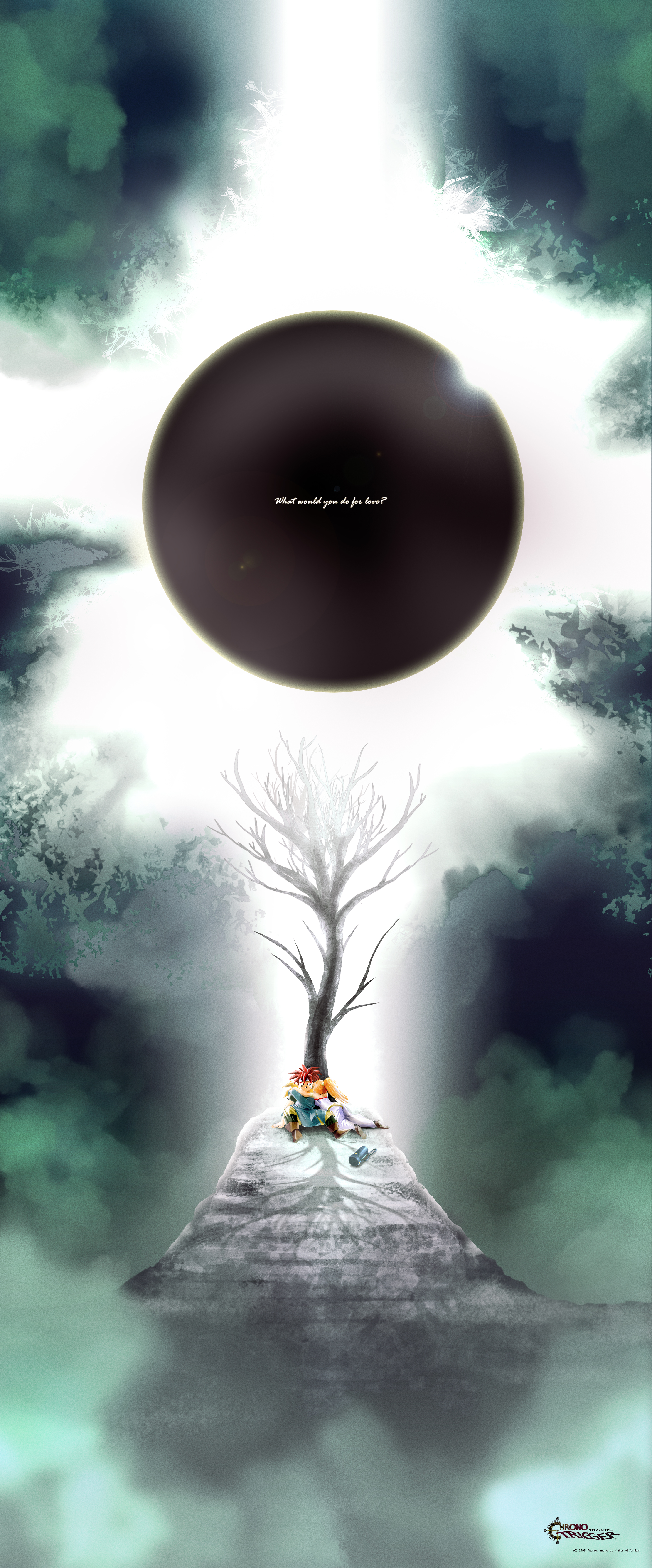 maher al-samkari, crono (chrono trigger), marle (chrono trigger), chrono (series), chrono trigger, absurdres, highres, huge filesize, 1990s (style), 1boy, 1girl, eclipse, english text, hetero, hug, tree