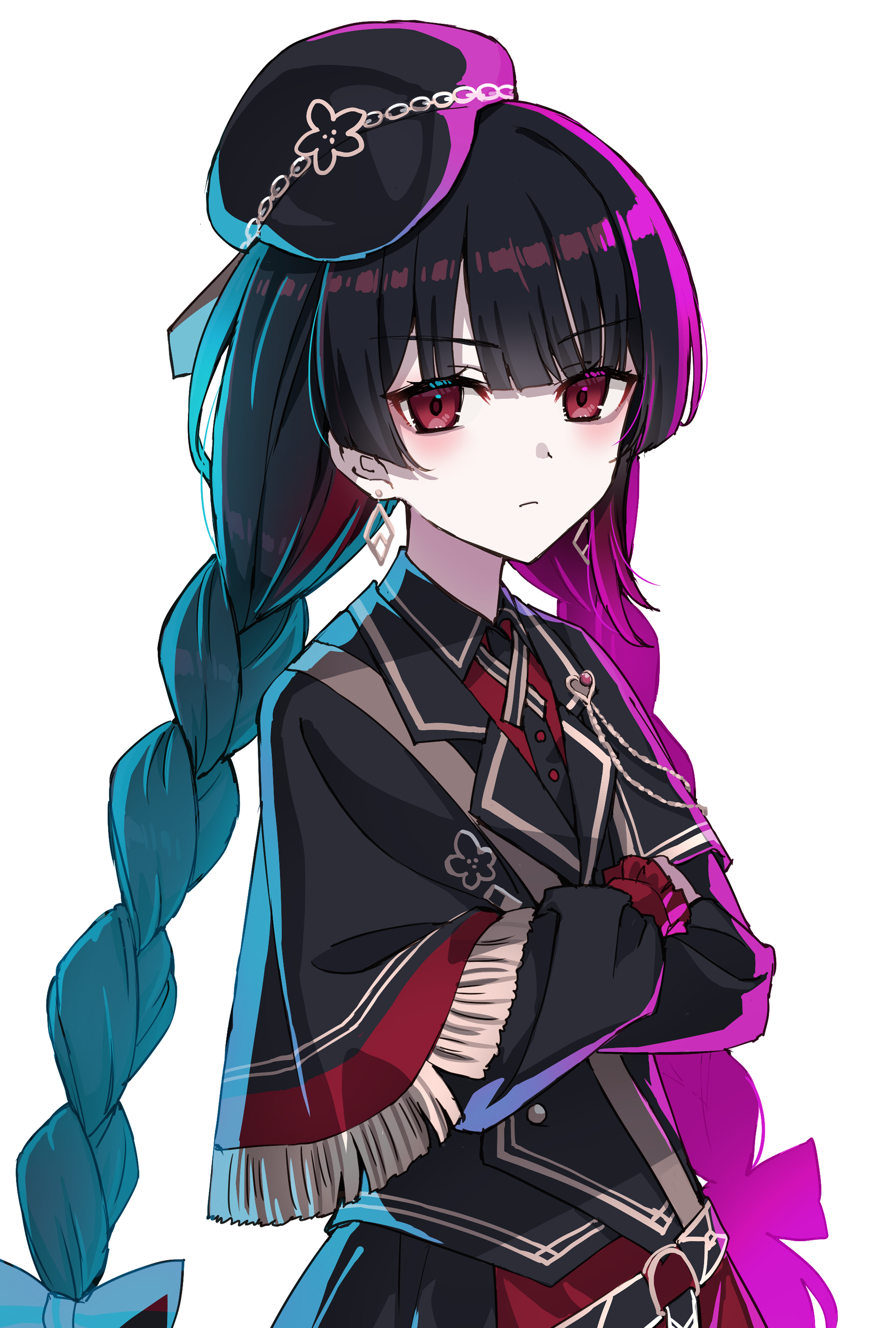 somechime (sometime1209), nikaido hiro, mahou shoujo no majo saiban, absurdres, commentary request, highres, black capelet, black hair, black hat, black jacket, black skirt, blue hair, braid, capelet, closed mouth, collared shirt, crossed arms, dress shirt, earrings, fringe trim, gradient hair, haishin shoujo no uraaka meikyuu, hat, jacket, jewelry, long sleeves, looking at viewer, low twintails, mini hat, multicolored hair, newsboy cap, puffy long sleeves, puffy sleeves, purple hair, red eyes, red hair, red shirt, shirt, sideways hat, simple background, skirt, twin braids, twintails, white background