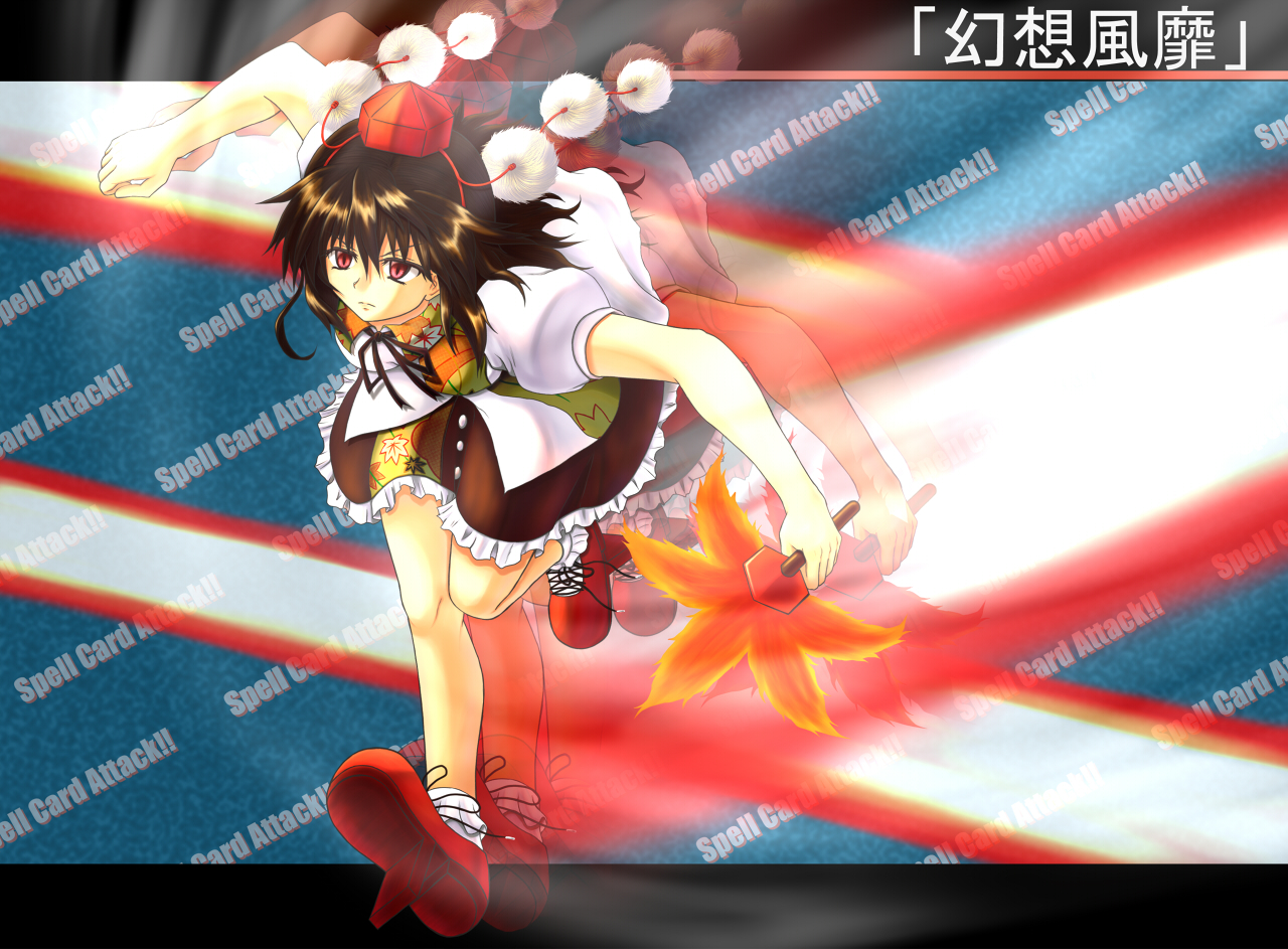 qontamblue, shameimaru aya, touhou, looking away, 1girl, black hair, female focus, geta, hand fan, hat, red eyes, running, serious, short hair, solo, tengu-geta, tokin hat