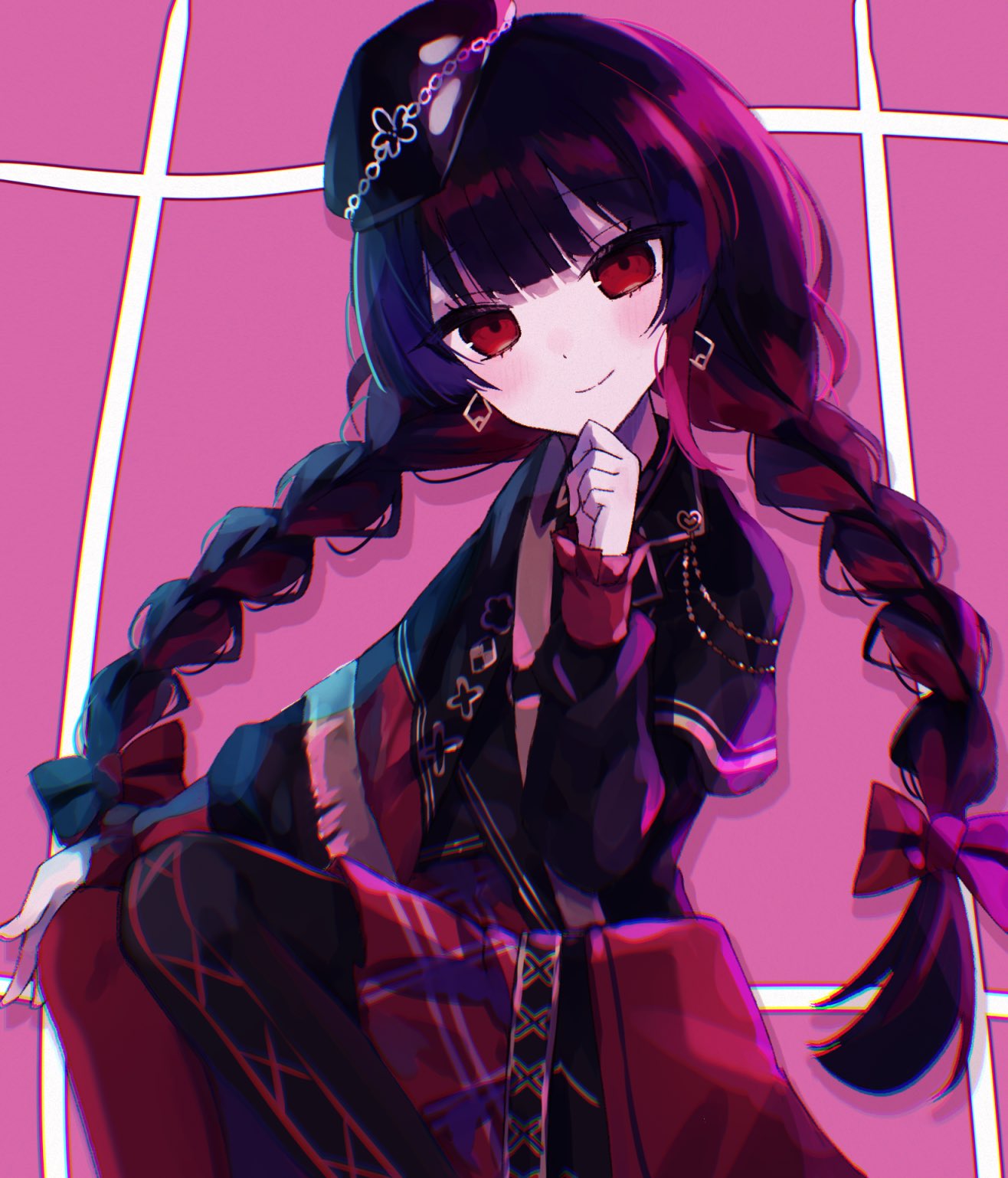 ichigoprin15, nikaido hiro, mahou shoujo no majo saiban, commentary request, highres, 1girl, black capelet, black hair, black hat, blunt bangs, braid, capelet, closed mouth, earrings, feet out of frame, haishin shoujo no uraaka meikyuu, hand on own chin, hat, jewelry, knees up, long hair, long sleeves, looking at viewer, mini hat, peaked cap, purple background, red eyes, red skirt, sitting, skirt, smile, solo, twin braids, very long hair