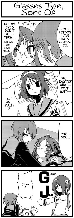 hane (hanegoya), kyonko, nagato yuki, suzumiya haruhi, suzumiya haruhi no yuuutsu, hard-translated, third-party edit, translated, 00s, 3girls, 4koma, blush, comic, english text, genderswap, genderswap (mtf), glasses, greyscale, monochrome, multiple girls, ponytail, school uniform, serafuku, thumbs up, yuri