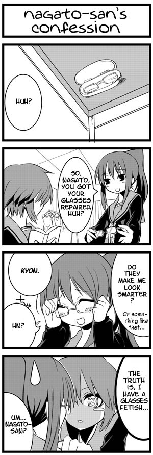 hane (hanegoya), kyonko, nagato yuki, suzumiya haruhi no yuuutsu, hard-translated, third-party edit, translated, 00s, 2girls, 4koma, blush, comic, english text, genderswap, genderswap (mtf), glasses, greyscale, monochrome, multiple girls, ponytail, school uniform, serafuku