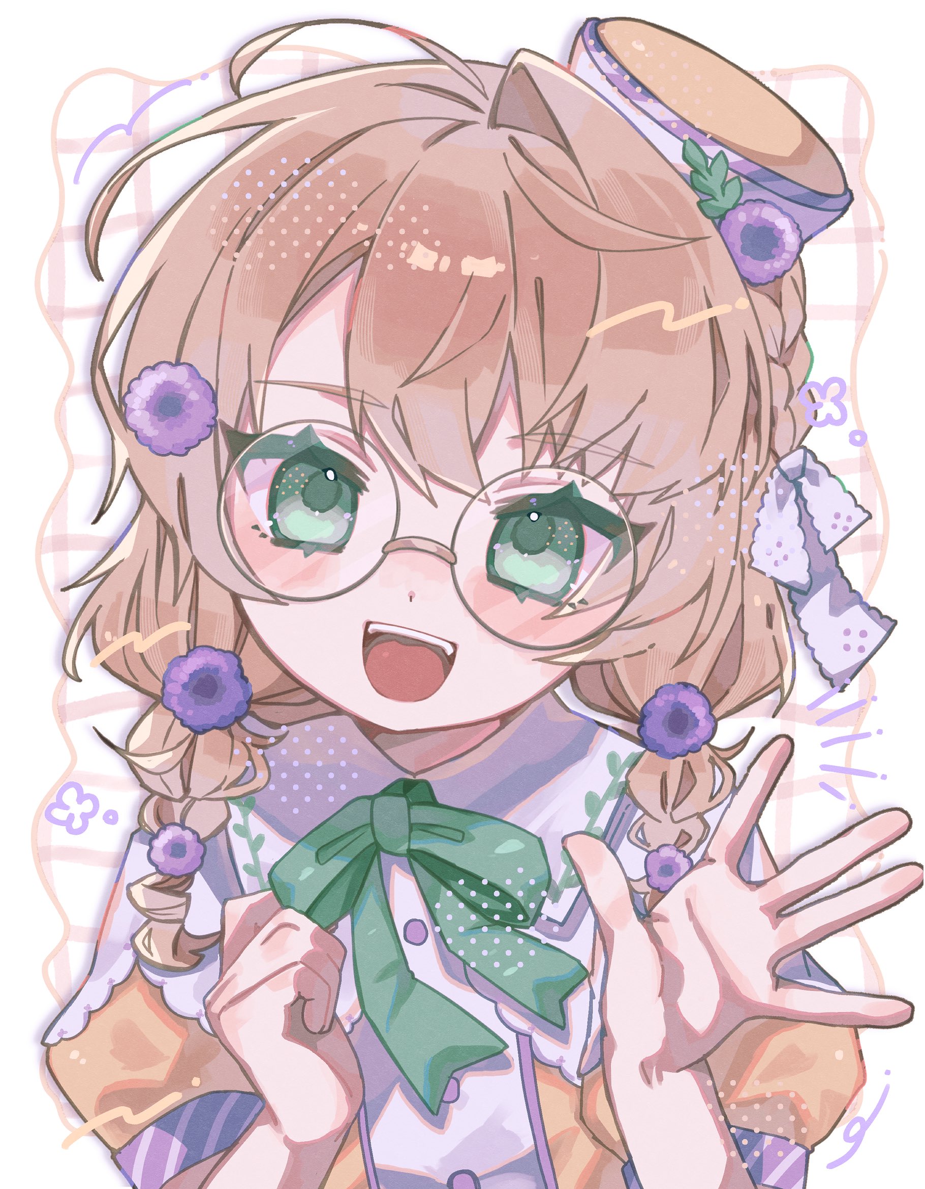 kobayashi ruten, yaguruma rine, nijisanji, highres, 1girl, :d, blush, braid, brown hair, collared shirt, flower, glasses, green eyes, green ribbon, hair flower, hair ornament, hair over shoulder, half crown braid, halftone, hat, long hair, looking at viewer, low twin braids, mini hat, neck ribbon, open mouth, portrait, puffy short sleeves, puffy sleeves, purple flower, ribbon, round eyewear, shirt, short sleeves, single hair intake, smile, solo, tilted headwear, twin braids, virtual youtuber, waving, white background, white ribbon, yellow shirt