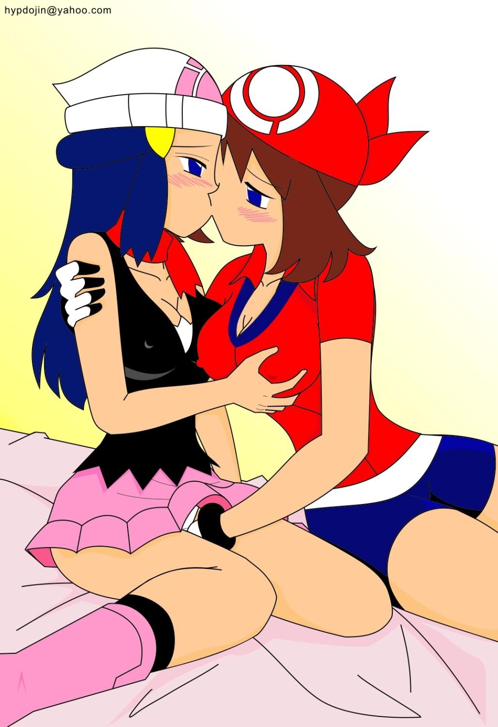 dawn (pokemon), may (pokemon), nintendo, pokemon, highres, bed, blue eyes, blue hair, blush, breasts, brown hair, covered erect nipples, crotch grab, fingering, grabbing another's breast, groping, hand under clothes, hand under skirt, kiss, nipples, yuri