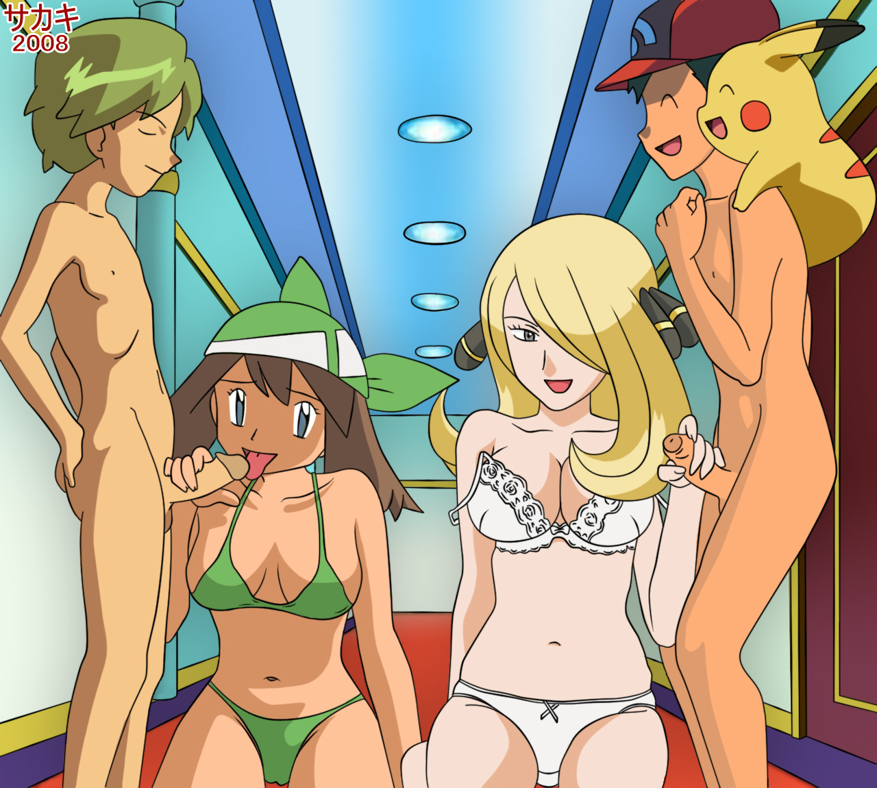kageta, ash ketchum, haruka (pokemon), shirona (pokemon), pokemon, 2girls, bra, clothed female nude male, fellatio, foreskin, group sex, handjob, kneeling, lingerie, multiple girls, oral, panties, penis, uncensored, underwear
