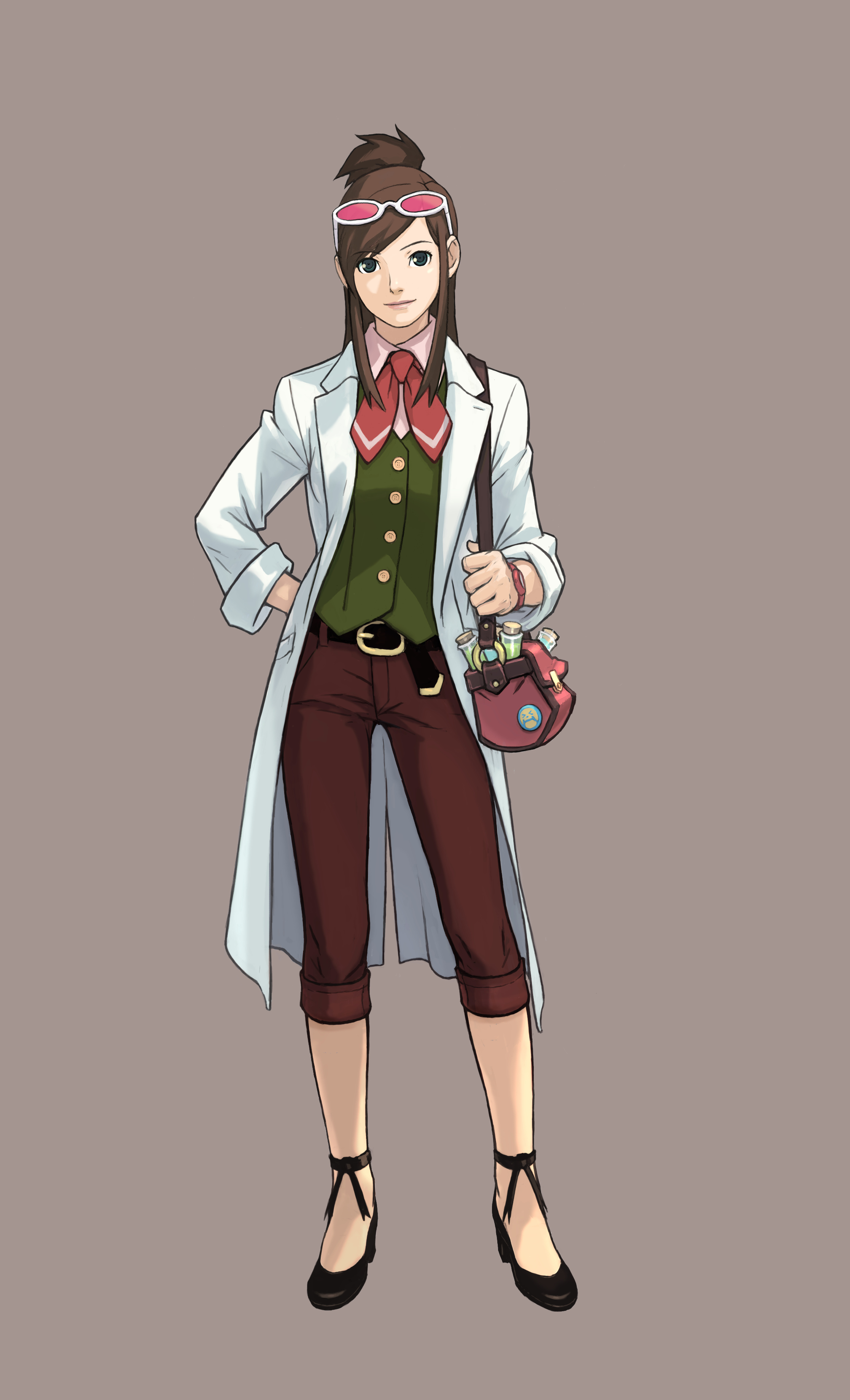 edaki shin'ya, ema skye, ace attorney, apollo justice: ace attorney, capcom, absurdres, highres, official art, 1girl, black shoes, brown background, brown eyes, brown hair, female focus, glasses, half updo, lab coat, shoes, simple background, solo
