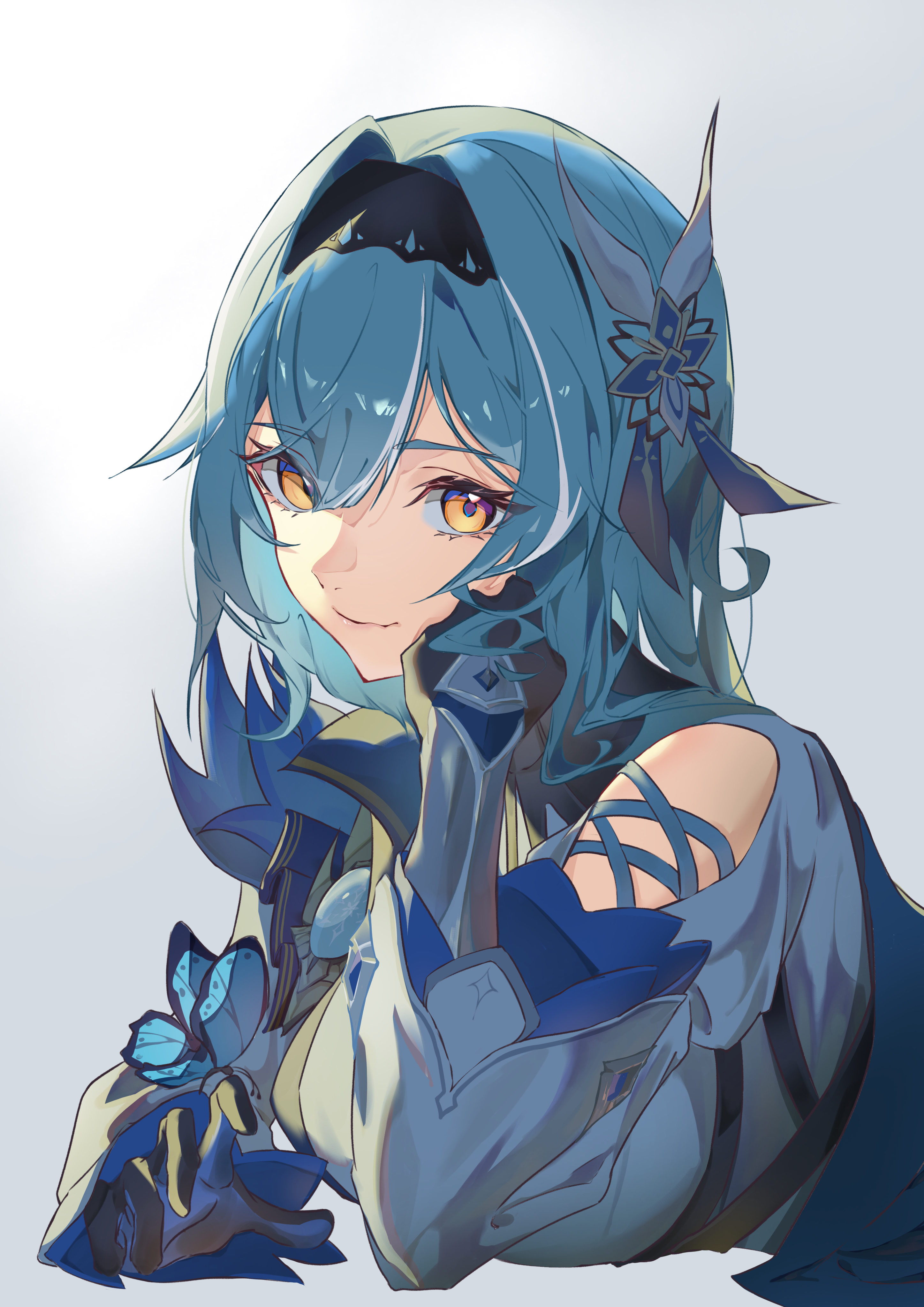 eula (genshin impact), genshin impact, absurdres, highres, 1girl, arm support, black gloves, black hairband, blue butterfly, blue cape, blue hair, breasts, bug, butterfly, cape, chest harness, clothing cutout, from side, gloves, hair ornament, hairband, harness, insect, invisible table, kawaso1002, looking at viewer, medium breasts, medium hair, orange eyes, shoulder cutout, smile, solo, upper body, white background, wide sleeves