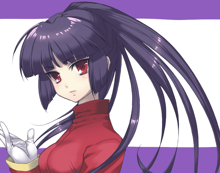 hizuki akira, sabrina (pokemon), nintendo, pokemon, pokemon rgby, 1990s (style), 1girl, alternate hairstyle, blush, female focus, gloves, gym leader, long hair, ponytail, purple hair, red eyes, retro artstyle, simple background, solo, white background