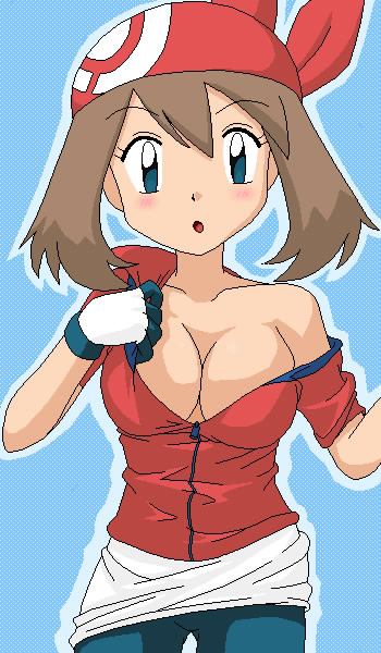 kuro hopper, may (pokemon), nintendo, pokemon, bad id, bad pixiv id, 1girl, bandana, bare shoulders, blue eyes, breasts, brown hair, cleavage, female focus, gloves, hat, oekaki, open mouth, skirt, solo, unzipped, white skirt, zipper