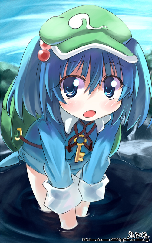 kitahara tomoe (kitahara koubou), kawashiro nitori, touhou, bad id, bad pixiv id, 1girl, blue eyes, blue hair, female focus, hair bobbles, hair ornament, hat, key, matching hair/eyes, open mouth, solo, twintails, two side up, wading, water