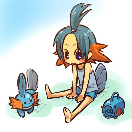 hitec, mudkip, moemon, nintendo, pokemon, pokemon rse, gender request, 00s, androgynous, bare shoulders, barefoot, blue eyes, blue hair, blush stickers, child, creature and personification, forehead, gen 3 pokemon, incense, incense burner, kayari buta, matching hair/eyes, mosquito coil, multicolored hair, orange hair, personification, pokemon (creature), ponytail, shorts, sitting, smile, spread legs, tail, tank top, themed object, two-tone hair