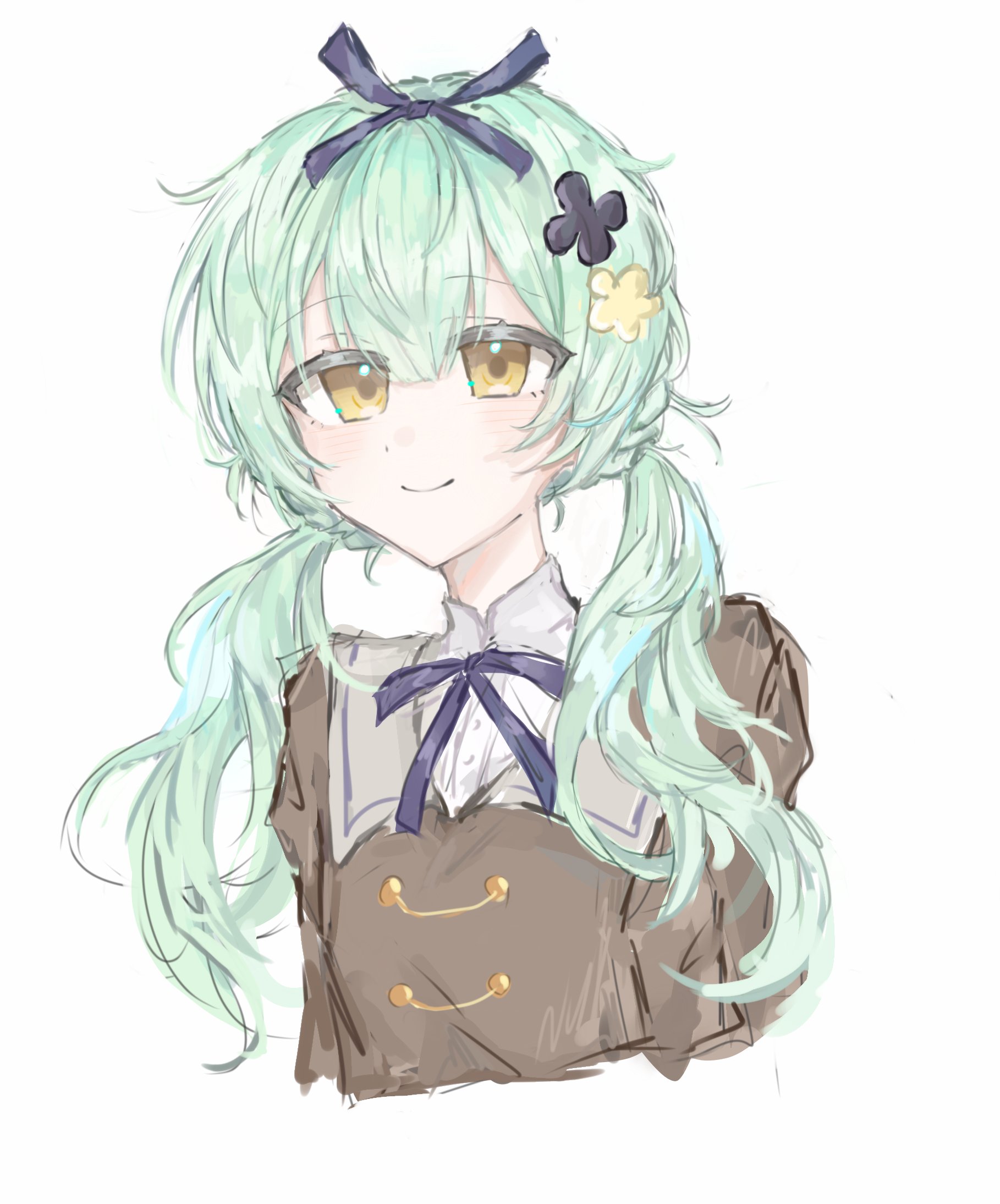 assault lily, chinese commentary, commentary request, highres, 1girl, arms at sides, black flower, blunt bangs, blush, braid, brown jacket, bukejie, closed mouth, collared shirt, cropped arms, cropped torso, flower, green hair, hair flower, hair ornament, hair ribbon, jacket, long hair, long sleeves, looking at viewer, low twintails, purple ribbon, ribbon, school uniform, shirt, simple background, smile, solo, twintails, ueda imari, upper body, wavy hair, white background, white shirt, yellow eyes, yellow flower