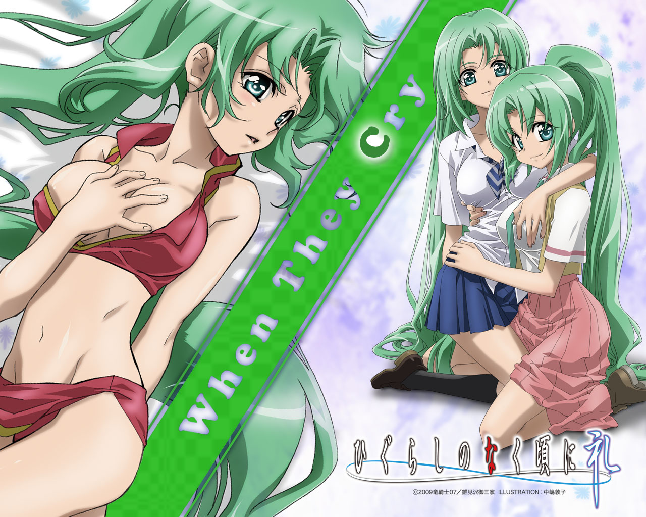 nakajima atsuko, sonozaki mion, sonozaki shion, higurashi no naku koro ni, striped, official art, official wallpaper, 00s, 2girls, :d, aqua eyes, arm around neck, between legs, bikini, bikini skirt, black socks, boots, breasts, breasts apart, bursting breasts, cleavage, copyright name, covered erect nipples, dutch angle, from above, grabbing another's breast, green eyes, green hair, green necktie, groping, hand on own chest, high collar, hug, incest, kneehighs, kneeling, large breasts, leg between thighs, light smile, loafers, long hair, long skirt, looking at viewer, looking back, lying, miniskirt, multiple girls, navel, necktie, on back, open clothes, open mouth, open vest, parted bangs, pleated skirt, ponytail, profile, red skirt, shirt, shoes, short sleeves, siblings, sisters, skindentation, skirt, smile, socks, sports bikini, straddling, swimsuit, torso grab, twincest, twins, very long hair, vest, yuri