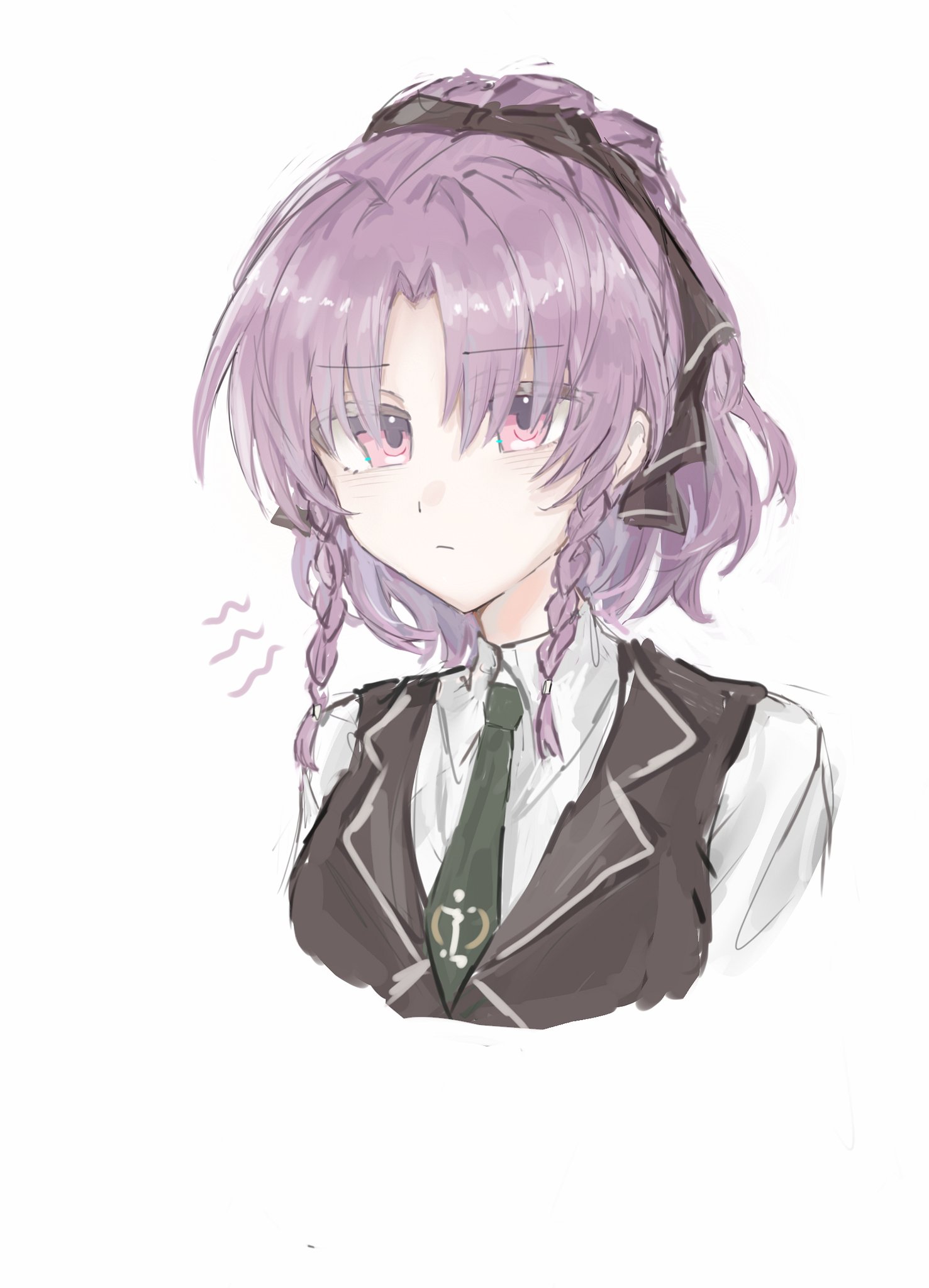 assault lily, chinese commentary, commentary request, highres, 1girl, arm at side, black bow, black vest, bow, braid, bukejie, closed mouth, collared shirt, cropped arm, cropped torso, green necktie, hair between eyes, high ponytail, looking at viewer, medium hair, necktie, nishikawa miharu, parted bangs, pink eyes, ponytail, purple hair, shirt, side braids, simple background, solo, twin braids, upper body, vest, white background, white shirt