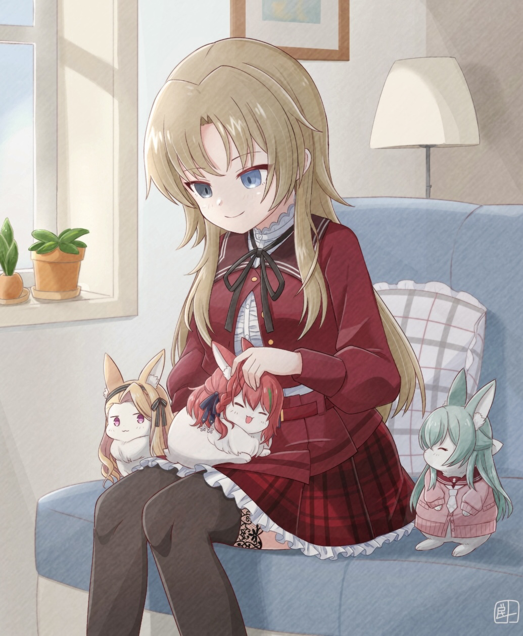 inoguchi minto, toki kureha, assault lily, commentary request, highres, 1girl, :3, :d, = =, ^ ^, abiko hiromi, animal, animal on lap, animalization, artist name, black hairband, black ribbon, black thighhighs, blonde hair, blue eyes, blush, bow, braid, braided bangs, brown cardigan, brown hair, brown sailor collar, cardigan, center frills, closed eyes, closed mouth, clothed animal, couch, cushion, day, feet out of frame, frilled shirt, frills, green hair, green streaks, hair bow, hair ribbon, hairband, half updo, high-waist skirt, indoors, kanba girls high school uniform, lace, lace-trimmed thighhighs, lace trim, lamp, long hair, long sleeves, looking at animal, looking at viewer, looking down, medium hair, multicolored hair, muramoto anzu, neck ribbon, necktie, on couch, on lap, open mouth, partially unbuttoned, petting, picture frame, pink eyes, plaid clothes, plaid skirt, plant, potted plant, rabbit, rearing, red hair, red shirt, red skirt, ribbon, sailor collar, school uniform, serafuku, shibukawa chie, shirt, short necktie, side braid, sidelocks, single braid, sitting, skirt, smile, streaked hair, striped ribbon, thighhighs, white bow, white necktie, white shirt, window, windowsill