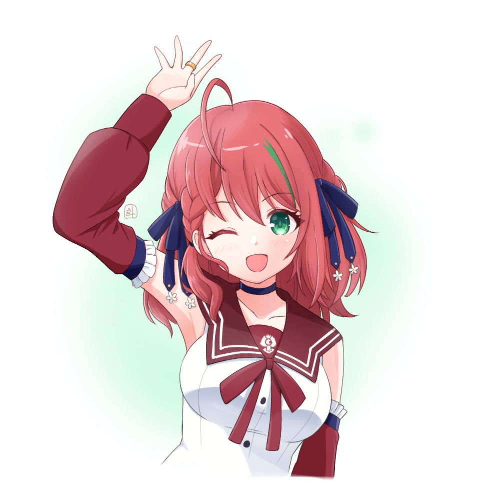 inoguchi minto, assault lily, commentary request, 1girl, ;d, ahoge, arm at side, arm up, artist name, black choker, blue ribbon, blush, braid, braided bangs, breasts, brown sailor collar, buttons, choker, collarbone, cropped arms, cropped torso, detached sleeves, flower, frilled sleeves, frills, gradient background, green background, green eyes, green streaks, hair between eyes, hair flower, hair ornament, hair ribbon, jewelry, kanba girls high school uniform, long sleeves, looking at viewer, medium breasts, medium hair, multicolored hair, neck ribbon, one eye closed, open mouth, red hair, red ribbon, ribbon, ring, sailor collar, school uniform, serafuku, shibukawa chie, shirt, side braid, single braid, sleeveless, sleeveless shirt, smile, solo, streaked hair, two-tone background, upper body, white background, white flower, white shirt