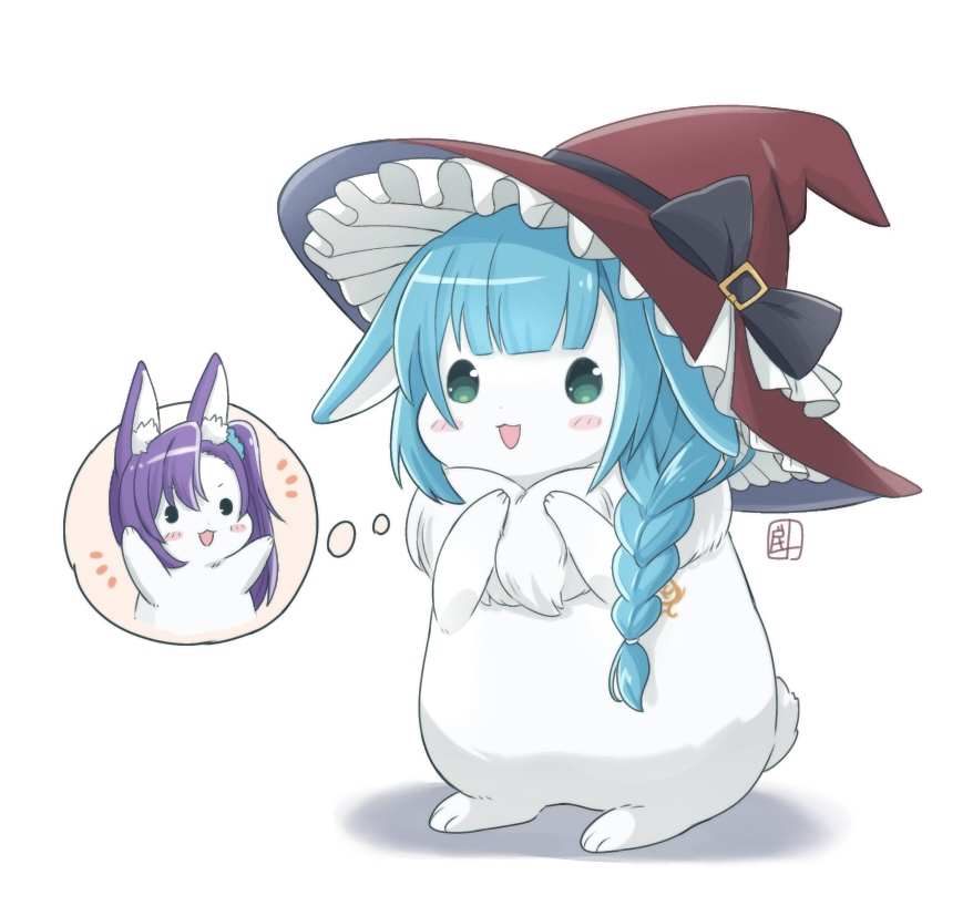 inoguchi minto, honma akehi, assault lily, commentary request, :d, animal, animalization, artist name, asymmetrical bangs, black bow, blue hair, blue scrunchie, blunt bangs, blush, bow, braid, braided ponytail, frilled hat, frills, full body, green eyes, hair between eyes, hair ornament, hair over shoulder, hair scrunchie, hands up, hat, hat bow, high side ponytail, looking ahead, no humans, notice lines, open mouth, purple hair, rabbit, rearing, red hat, scrunchie, simple background, single braid, smile, speech bubble, spoken character, tattoo, thought bubble, tozaki moka, white background, witch hat