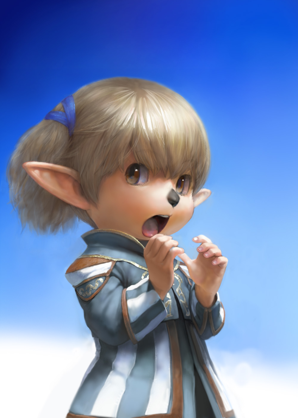 shantotto-sama, shantotto, final fantasy, final fantasy xi, bad id, bad pixiv id, highres, 00s, 1girl, blonde hair, brown eyes, female focus, hairband, invisible object, pointy ears, realistic, sexually suggestive, short hair, solo, tarutaru, tongue, twintails