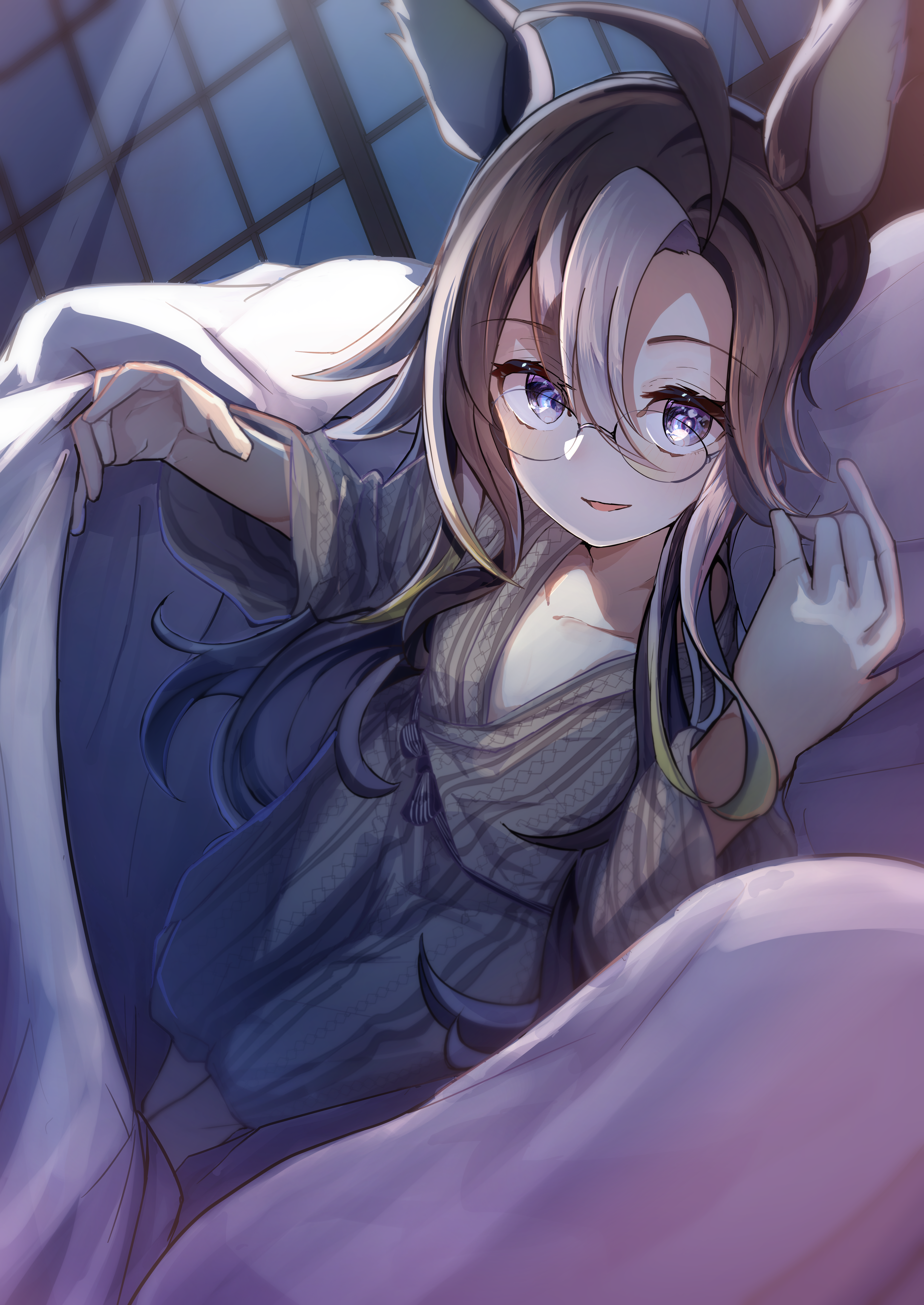 yu-muge, dream journey (umamusume), umamusume, absurdres, commentary request, highres, 1girl, animal ears, brown hair, flat chest, futon, glasses, grey hair, horse ears, horse girl, indoors, long hair, looking at viewer, lying, multicolored hair, night, pajamas, parted lips, purple hair, sliding doors, smile, solo, two-tone hair, under covers