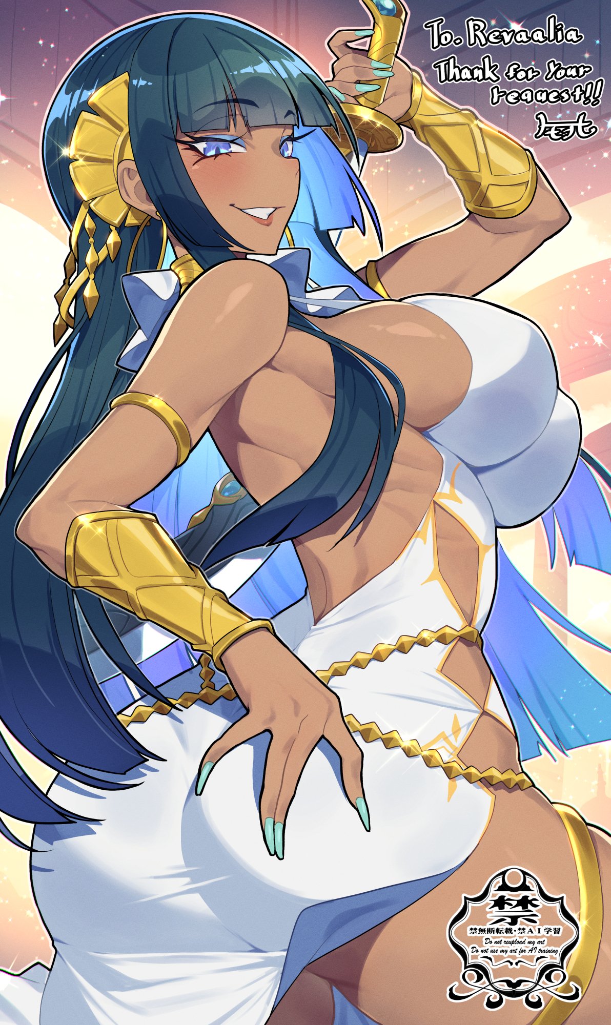 matsumoto tomoyohi, original, bilingual commentary, commentary, commission, english commentary, highres, mixed-language commentary, skeb commission, 1girl, armlet, ass, backless dress, backless outfit, blue eyeliner, blue eyes, blue hair, blunt bangs, breasts, cowboy shot, dark-skinned female, dark skin, dress, eyeliner, gold thighlet, holding, holding weapon, jewelry, large breasts, long hair, looking at viewer, makeup, sideboob, sleeveless, sleeveless dress, smile, solo, thighlet, weapon, white dress