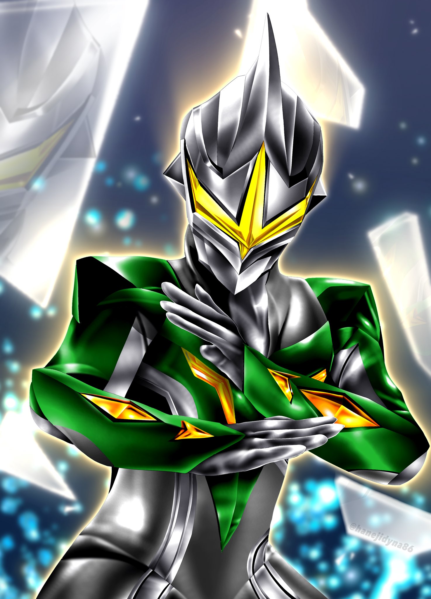 hanejidyna86, mirror knight (ultra series), tokusatsu, ultra galaxy (series), ultra series, ultraman zero the movie choukessen! belial ginga teikoku, commentary, highres, 1boy, alien, arm guards, armor, blurry, blurry background, colored skin, dorsal fin, fighting stance, giant, giant male, glass shards, glowing, glowing eyes, green skin, grey skin, hands up, light particles, looking down, male focus, multicolored skin, no pupils, pectorals, reflection, shoulder armor, silver skin, solo, toned, toned male, twitter username, upper body, wrinkled skin, yellow eyes