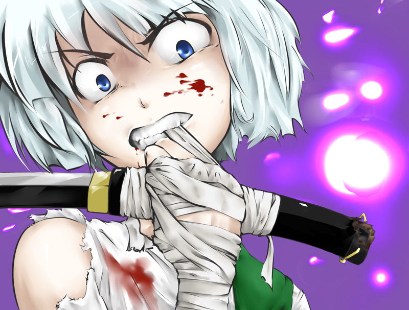 byoin, konpaku youmu, touhou, silver hair, 1girl, bandages, blood, blue eyes, female focus, gradient background, katana, mouth hold, short hair, solo, sword, torn clothes, upper body, weapon