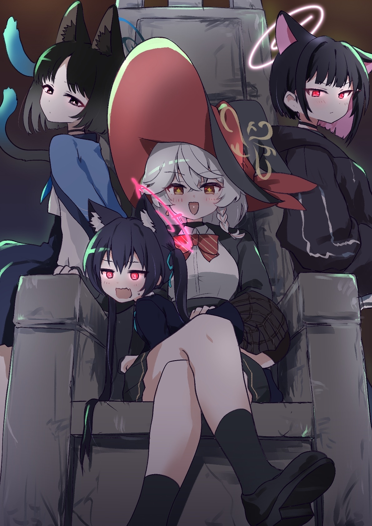 kurosaki kousuke, eri (blue archive), kazusa (blue archive), kikyou (blue archive), serika (blue archive), blue archive, commentary, commission, highres, skeb commission, + +, 4girls, animal ear fluff, animal ears, black eyes, black hair, black jacket, black shoes, black skirt, black socks, blue halo, blue ribbon, blunt ends, bow, bowtie, brown eyes, cat ears, cat girl, cat tail, closed mouth, colored inner hair, crossed legs, diagonal-striped bow, diagonal-striped bowtie, diagonal-striped clothes, extra ears, fang, grey hair, hair ribbon, halo, hat, jacket, long sleeves, miniskirt, multicolored hair, multiple girls, multiple tails, nekomata, open mouth, pink eyes, pink hair, pink halo, pleated skirt, red bow, red bowtie, ribbon, shirt, shoes, short hair, sitting, skin fang, skirt, socks, striped bow, striped bowtie, striped clothes, tail, two-tone hair, two tails, white shirt, witch hat, yellow halo