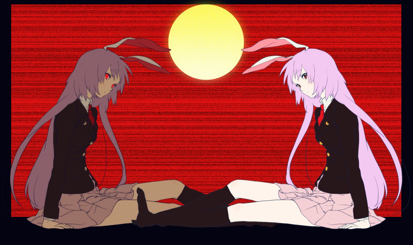 egawa satsuki, reisen udongein inaba, touhou, highres, 2girls, animal ears, blazer, dual persona, feet, female focus, jacket, long hair, moon, multiple girls, purple hair, rabbit ears, red eyes, sitting, skirt, socks